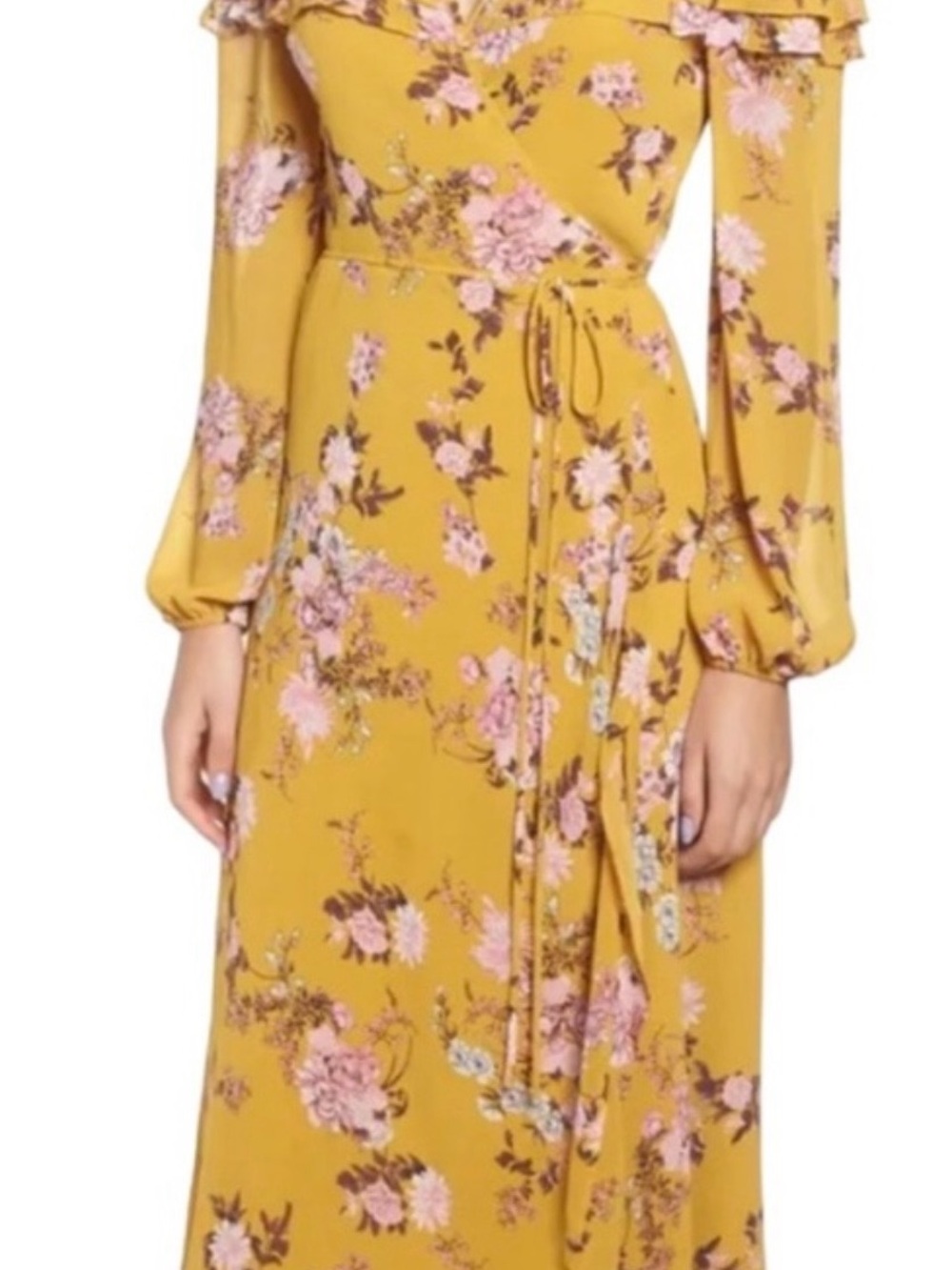 WAYF Floral Wrap Maxi Dress - Mustard with Pink Floral - Picture 8 of 9